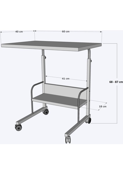 Tekno Trust Evde Eğitim Raflı Yükseklik Ayarlı Frenli Tekerlekli Çalışma Masası Laptop Sehpası 40X60CM Suntalam