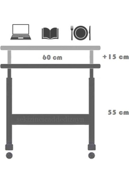 Tekno Trust 60 cm Yükseklik Ayarlı Laptop Sehpası - Atlantik Çam (Tekerli) Oval Kenar 60X40 70 cm Metal 40 cm K