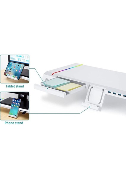 Tekno Trust 19 cm Laptop Sehpası Rgb Işıklı Mönitör Standı Ekran Altlığı 4 USB Hub Telefon Tutuculu 55 cm 10 cm