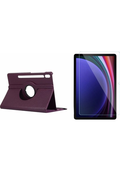 Samsung Tab S9 Fe ile Uyumlu 360 Derece Döner Standlı Kılıf + Temperli Kırılmaz Cam FC012