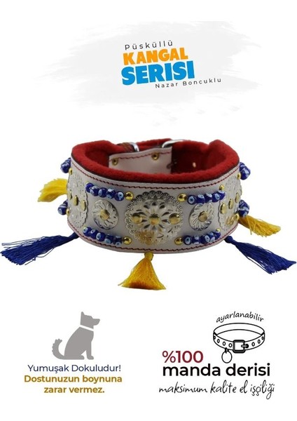 Püsküllü Deri Boyun Tasması, Sivas Kangalı, Malaklı, Çoban Köpeği, Akbaş, Kangal Köpek Tasması Gümüş