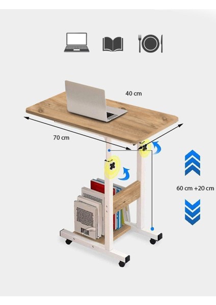 Tekno Trust 40 cm Yükseklik Ayarlı Yatak Sehpası - Atlantik Çam (Tekerli) 70X40 Oval Kenar Kahverengi 70 cm Met