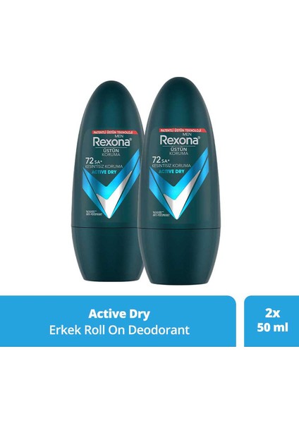 Üstün Koruma Erkek Roll On Deodorant Active Dry 72 Saat Kesintisiz Koruma 50 Ml X2