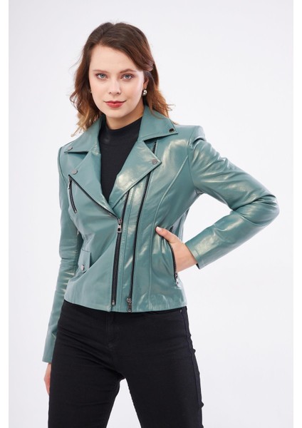 DKA1202 Deri Kadın Yeşil Mont modelleri