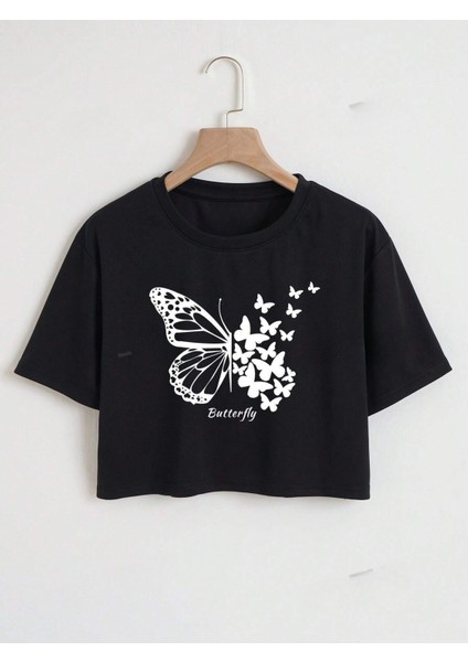 Kadın Siyah Butterfly Baskılı Oversıze Crop