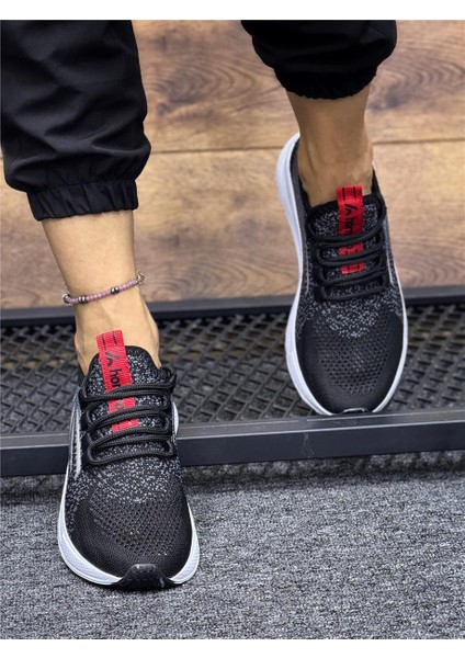 Bağcıklı Triko Unisex Spor Ayakkabı-Siyah-beyaz-Kırmızı