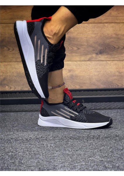 Bağcıklı Triko Unisex Spor Ayakkabı-Siyah-beyaz-Kırmızı fırsatları