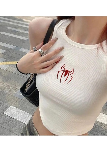 Y2K Spider Nakışlı Beyaz Halter Yaka Kaşkorse Crop Top