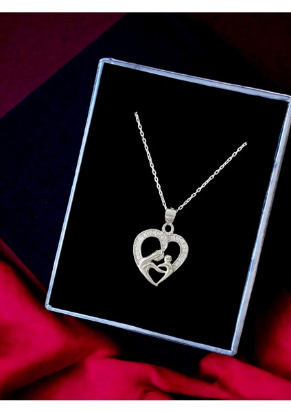 Alâ Silver Jewellery Anne Çocuk Kalp Taşlı Tasarım 925 Ayar Gümüş Kolye