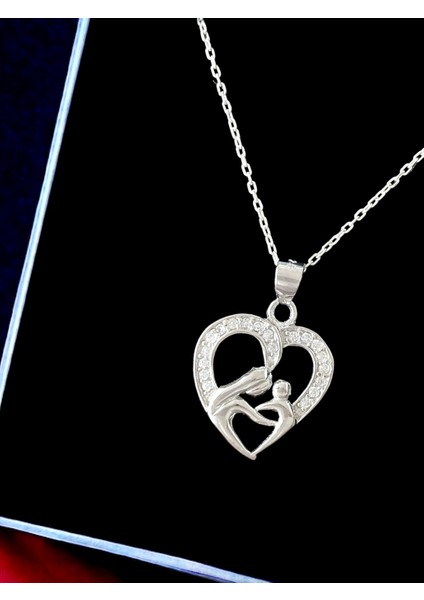 Alâ Silver Jewellery Anne Çocuk Kalp Taşlı Tasarım 925 Ayar Gümüş Kolye