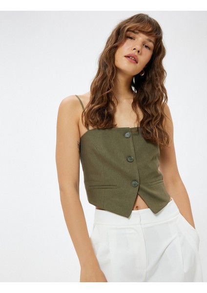 Keten Askılı Crop Yelek Düğmeli Asimetrik