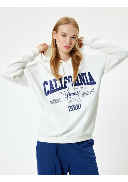 Oversize Kapüşonlu Sweatshirt Kolej Işlemeli Uzun Kollu Şardonlu