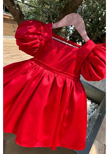Saten Kırmızı Kız Çocuk Bebek Balon Kol Abiye Kabarık Elbise