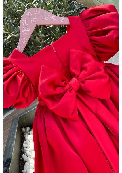 Saten Kırmızı Kız Çocuk Bebek Balon Kol Abiye Kabarık Elbise