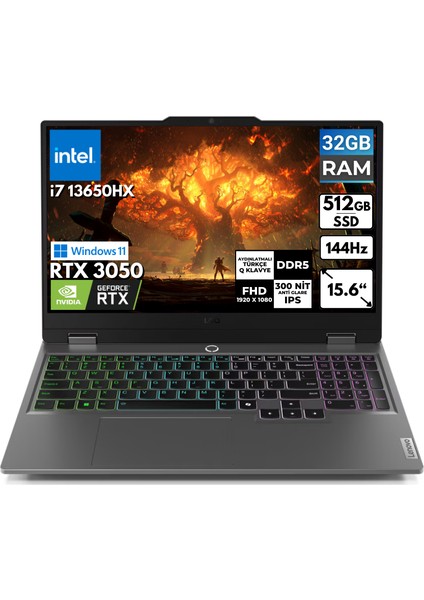 Loq 15IRX9 I7-13650HX 32-Gbddr5 512 GB RTX3050 15,6" Fhd Windows 11 Pro Taşınabilir Bilgisayar 83DV00HSTR BT53