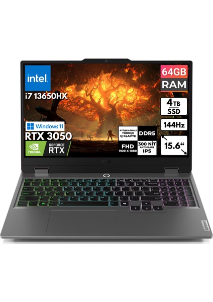 Loq 15IRX9 I7-13650HX 64-Gbddr5 4 Tbssd RTX3050 15,6" Fhd Windows 11 Pro Taşınabilir Bilgisayar 83DV00HSTR BT39