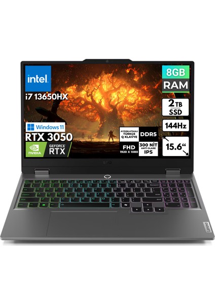 Loq 15IRX9 I7-13650HX 8-Gbddr5 2 Tbssd RTX3050 15,6" Fhd Windows 11 Pro Taşınabilir Bilgisayar 83DV00HSTR BT21