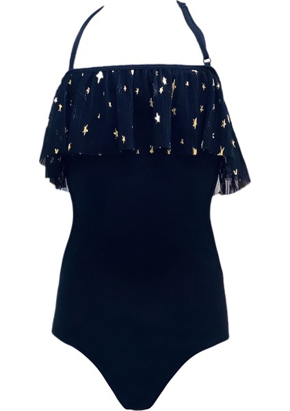 Siyah Boyundan Askılı Tül Fırfır Detaylı Kız Çocuk Mayo by Nessi Byrd