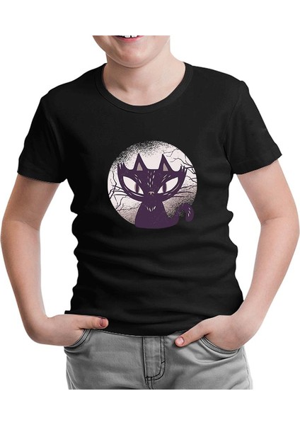 Cadılar Bayramı - Kara Kedi Siyah Çocuk Tshirt