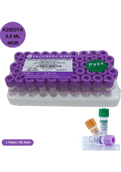 K2 Edtalı Tüp 0,5 ml (Pediatrik) (Mor Kapak) 50'li Paket