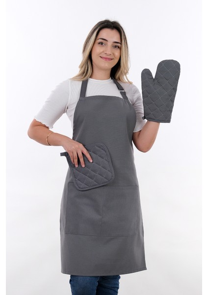 Simple 3'lü Set Ayar Askılı Mutfak Önlüğü Seti (Eldiven, Tutacak)