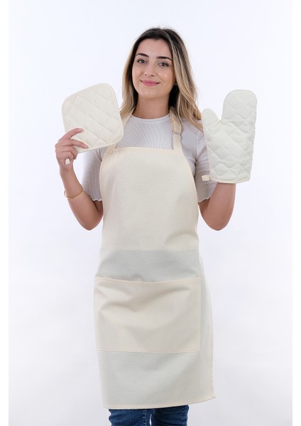 Simple 3'lü Set Ayar Askılı Mutfak Önlüğü Seti (Eldiven, Tutacak)
