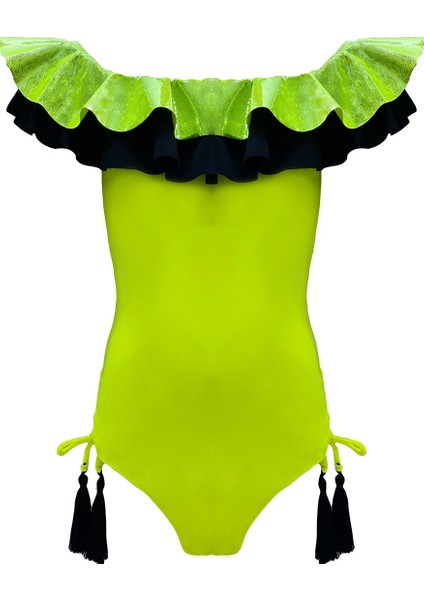 Kayık Yaka Fırfırlı Püsküllü Yeşil 50UV Kız Çocuk Mayo BY NESSI BYRD