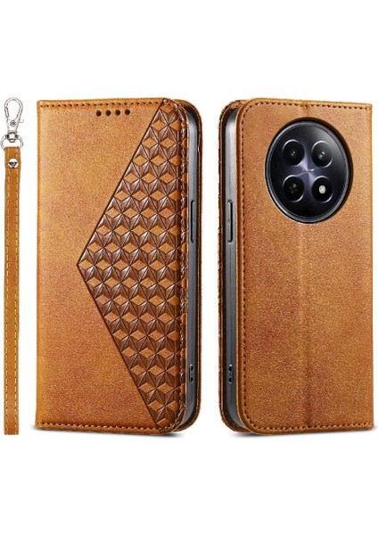 Realme 12 5g El Kayışı Standı Için Flip Case Günlük Kullanım Eşkenar Dörtgen Şekli Cüzdan (Yurt Dışından)