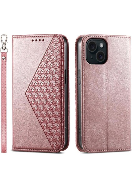 IPhone 15 Için Flip Case Standı Eşkenar Dörtgen Şekli Cüzdan El Kayışı Günlük Kullanım (Yurt Dışından)