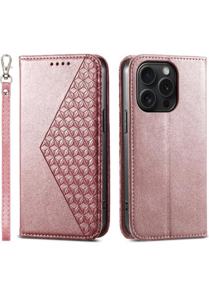 IPhone 15 Için Flip Case Pro El Kayışı Günlük Kullanım Eşkenar Dörtgen Şekli Standı Cüzdan (Yurt Dışından)