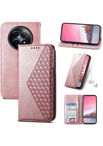 Realme 12 5g El Kayışı Standı Için Flip Case Günlük Kullanım Eşkenar Dörtgen Şekli Cüzdan (Yurt Dışından)