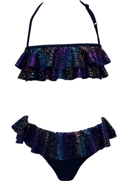 Halter Yaka Simli Renkli Baskılı Fırfırlı 50 UV Kız Çocuk Bikini Takımı BY NESSI BYRD