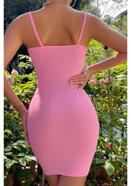 Askılı Yakası Fırfır ve Bağlama Detay Kaşkorse Pembe Elbise modelleri