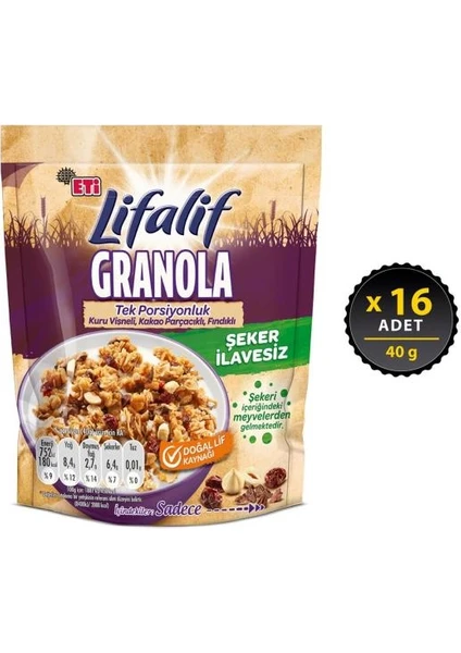 Lifalif Granola Kuru Vişneli, Kakao Parçacıklı, Fındıklı 40 G x 16 Adet