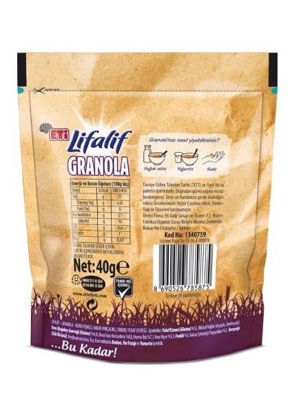 Lifalif Granola Kuru Vişneli, Kakao Parçacıklı, Fındıklı 40 G x 16 Adet