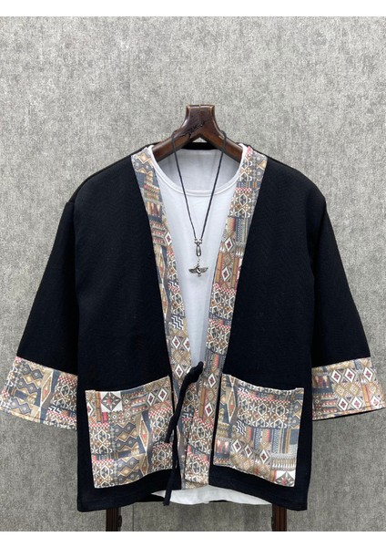 Oversize Bohem Fakir Kol Pamuk Dokuma Siyah Kimono