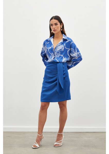Kuşaklı Mini Etek - Indigo