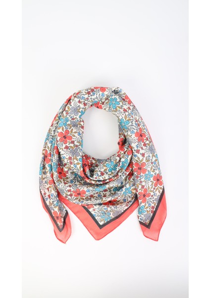 Çiçek Desenli Kırmızı Soft Eşarp 95X95