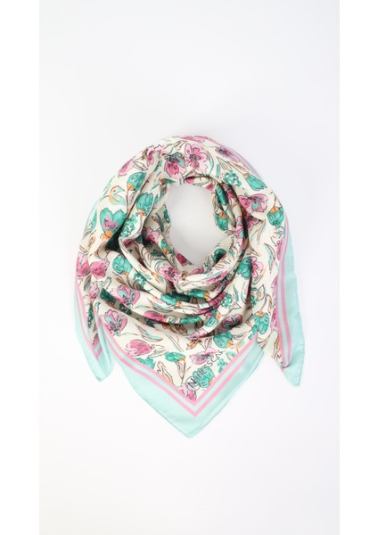 Çiçek Desenli Turkuaz Eşarp 95X95