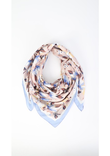 Çiçek Desenli Mavi Eşarp 95X95