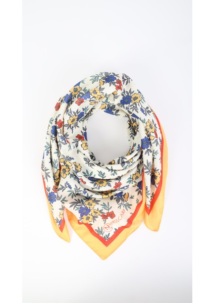 Çiçek Desenli Sarı Soft Eşarp 95X95