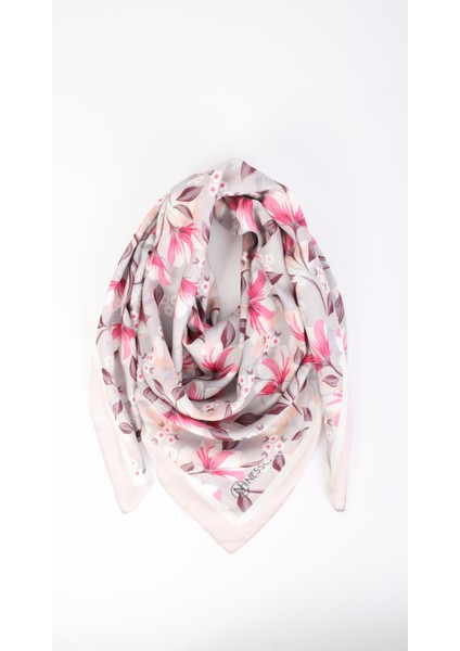 Çiçek Desenli Pembe Eşarp 95X95