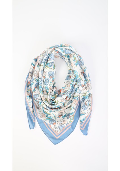 Çiçek Desenli Mavi Eşarp 95X95