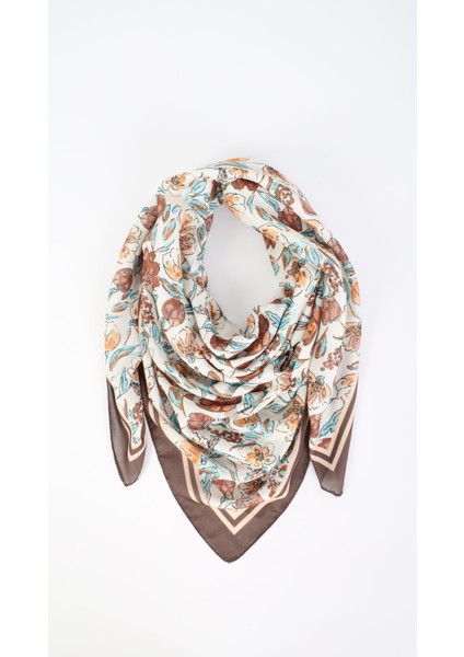 Çiçek Desenli Kahverengi Eşarp 95X95