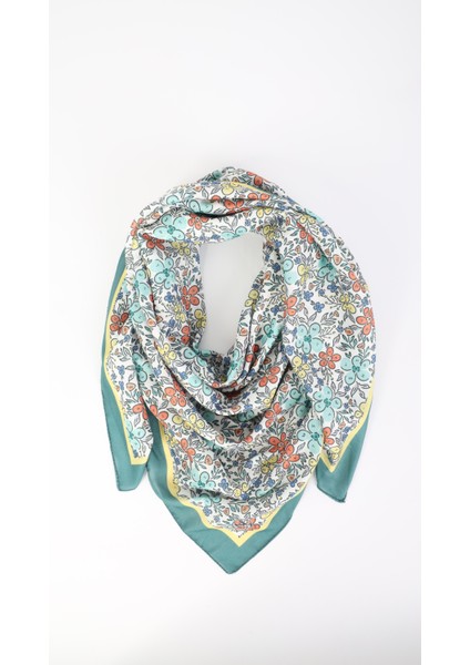 Çiçek Desenli Yeşil Soft Eşarp 95X95