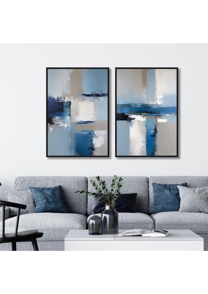 Yağlı Boya Dokulu Tablo Mavi Gri Beyaz Soyut Ikili Set U08032