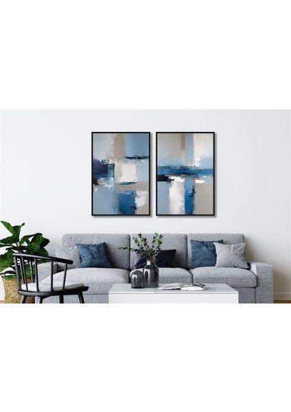 Yağlı Boya Dokulu Tablo Mavi Gri Beyaz Soyut Ikili Set U08032 fiyatları