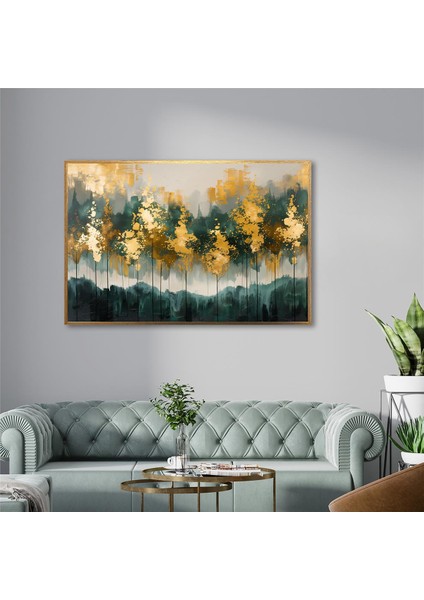 Yağlı Boya Dokulu Tablo Altın Yeşil Ağaçlı Soyut Manzara U01015