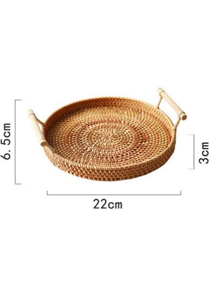 S 22CM x 6.5cm Stili El Yapımı Hasır Saklama Tepsisi Ahşap Saplı Yuvarlak Hasır Sepet Ekmek Yemek Tabak Meyve Kek Tabağı Akşam Yemeği Servis Tepsi (Yurt Dışından)