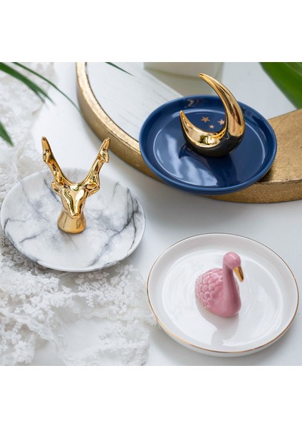 14CM Beyaz Tabak W Stili Nordik Seramik Takı Anahtar Düzenleyici Tepsi Kolye Yüzük Ekran Tabak Tavşan Flamingo Depolama Tepsi Kaktüs Boynuz Masaüstü Tutucu (Yurt Dışından) fırsatları